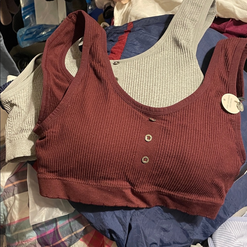 2pc Lucky Brand Maroon/Grey Ribbed Button seamless comfort bras